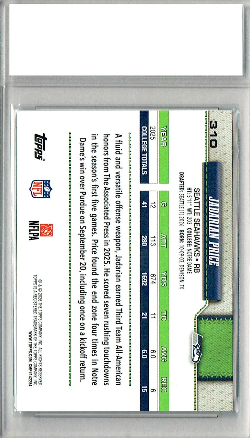 Jadarian Price Rookie Card 2026 Topps #310 Flagship, PGI 10, Seattle Seahawks Football