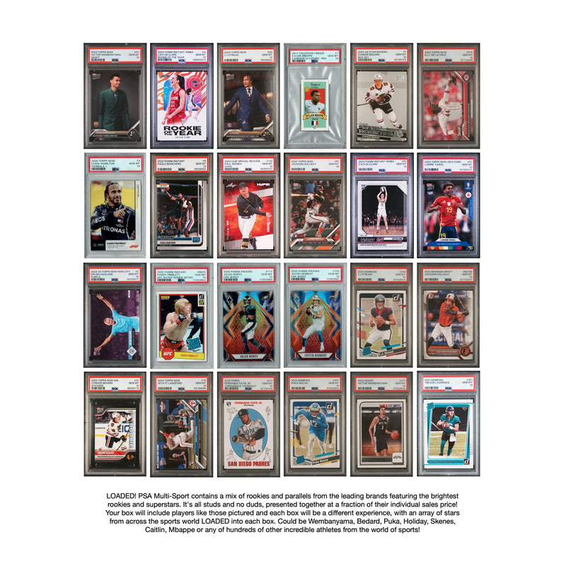 LOADED! PSA 10 Multi-Sport Collector�s Box Rookie Cards & Rarities - Wembanyama, Bedard, Puka, Holiday, Skenes, Caitlin, Mbappe and more (3 cards included)