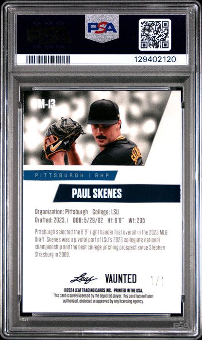 PSA 9 Paul Skenes 2024 Leaf Vaunted Metal #VM-13 Matrix 1/1 Rookie Card