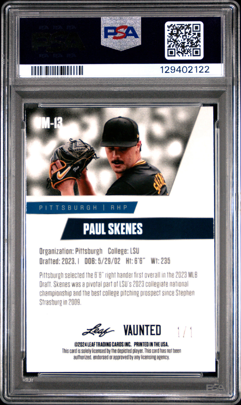PSA 9 Paul Skenes 2024 Leaf Vaunted Metal #VM-13 Gold 1/1 Rookie Card Pittsburgh Pirates