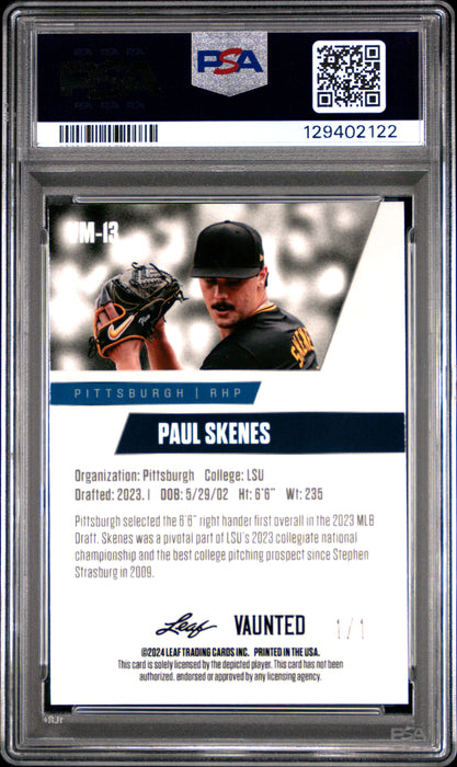 PSA 9 Paul Skenes 2024 Leaf Vaunted Metal #VM-13 Gold 1/1 Rookie Card