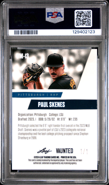 PSA 9 Paul Skenes 2024 Leaf Vaunted Metal #VM-13 Neon 1/1 Rookie Card