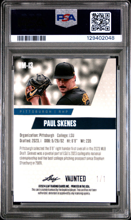 PSA 8 Paul Skenes 2024 Leaf Vaunted Metal #VM-13 Black Superprismatic 1/1 Rookie Card