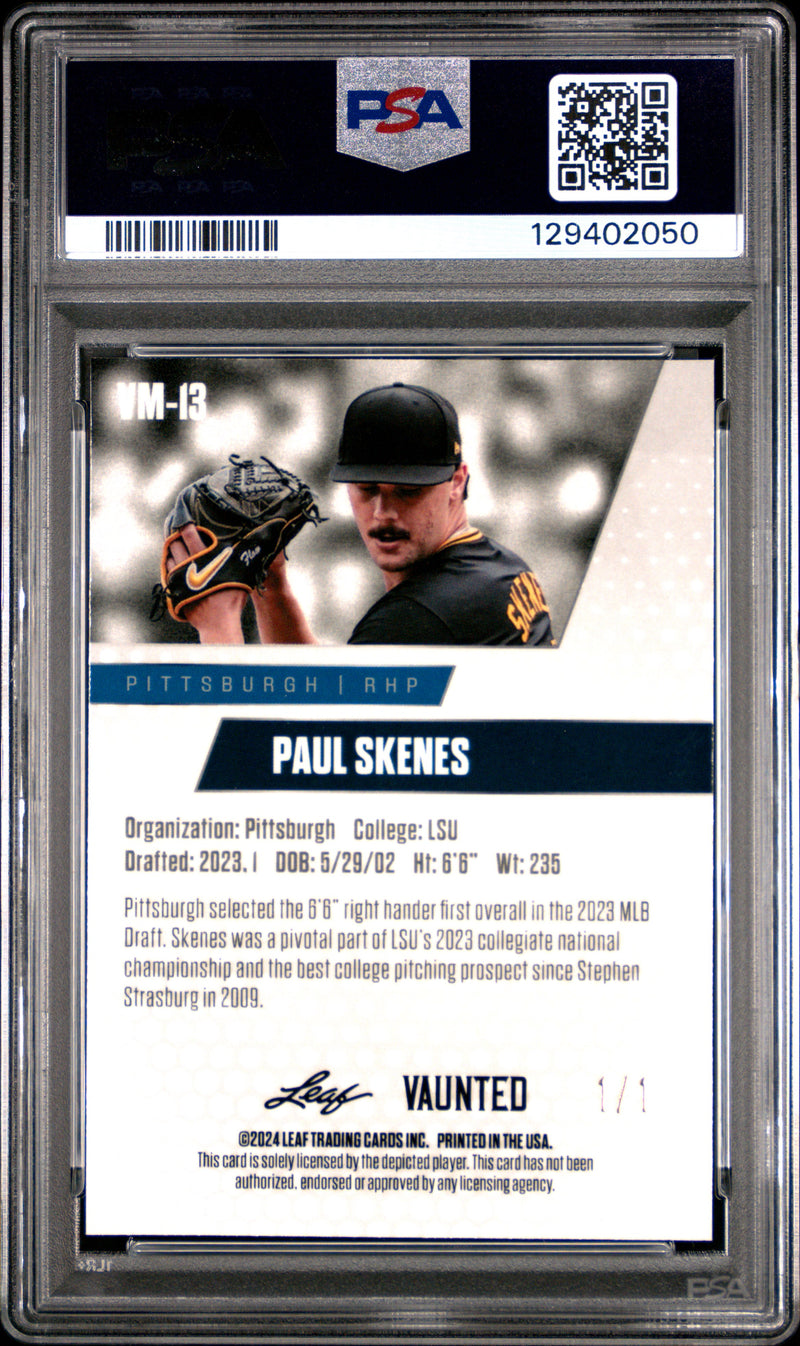 PSA 10 Paul Skenes 2024 Leaf Vaunted Metal #VM-13 Gold Superprismatic 1/1 Rookie Card Pittsburgh Pirates