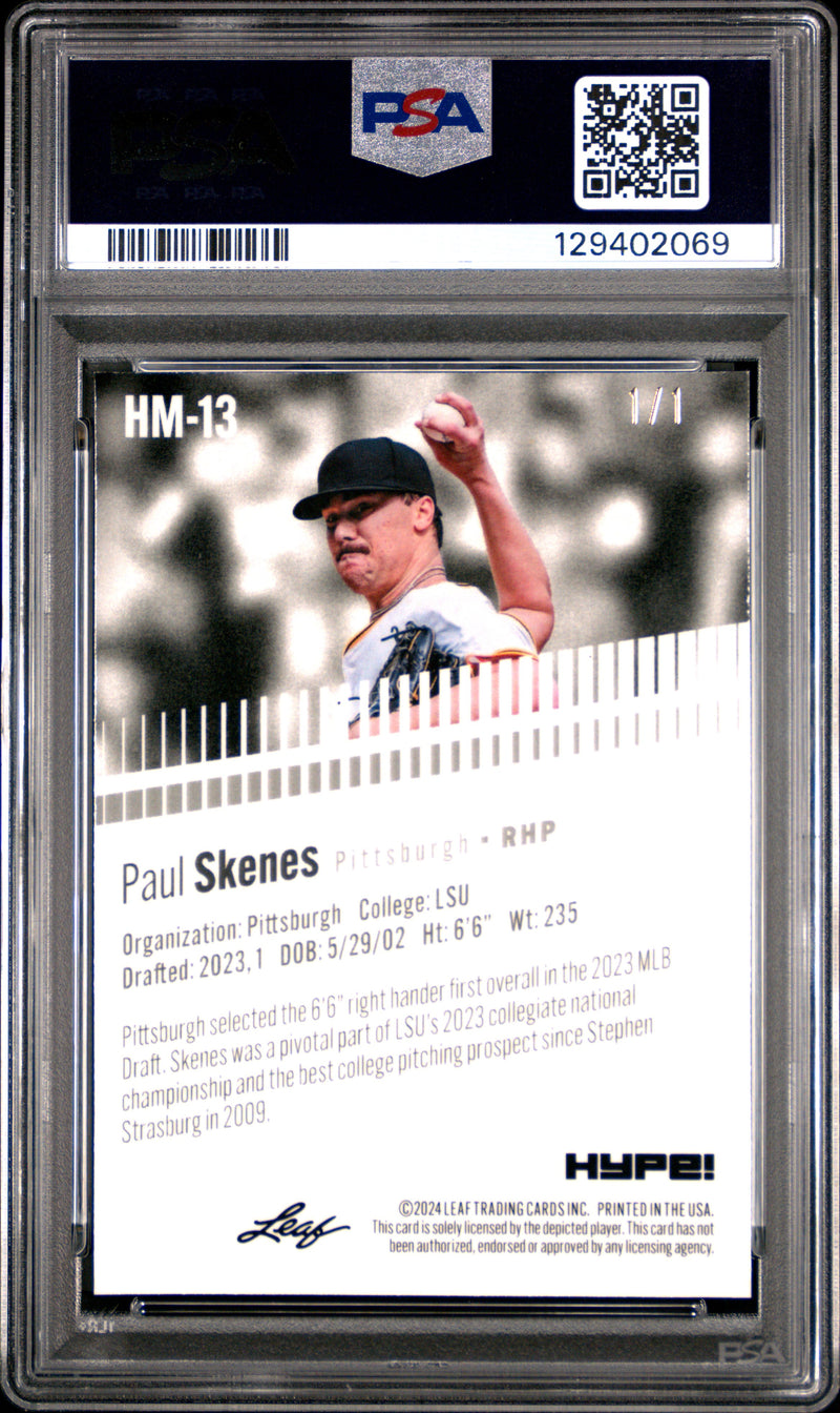 PSA 10 Paul Skenes 2024 Leaf HYPE! Metal #HM-13 Gold Superprismatic 1/1 Rookie Card Pittsburgh Pirates