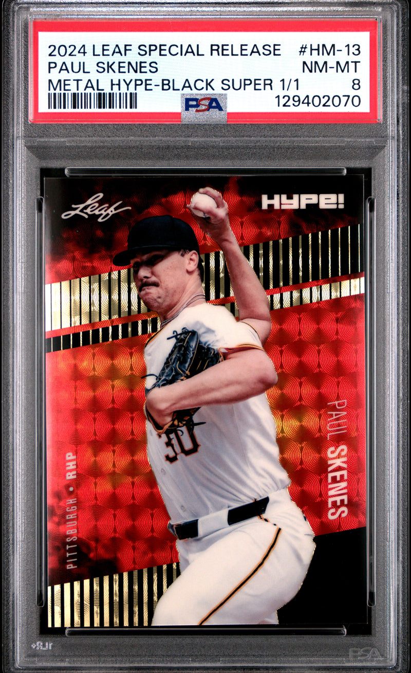 PSA 8 Paul Skenes 2024 Leaf HYPE! Metal #HM-13 Black Superprismatic 1/1 Rookie Card Pittsburgh Pirates
