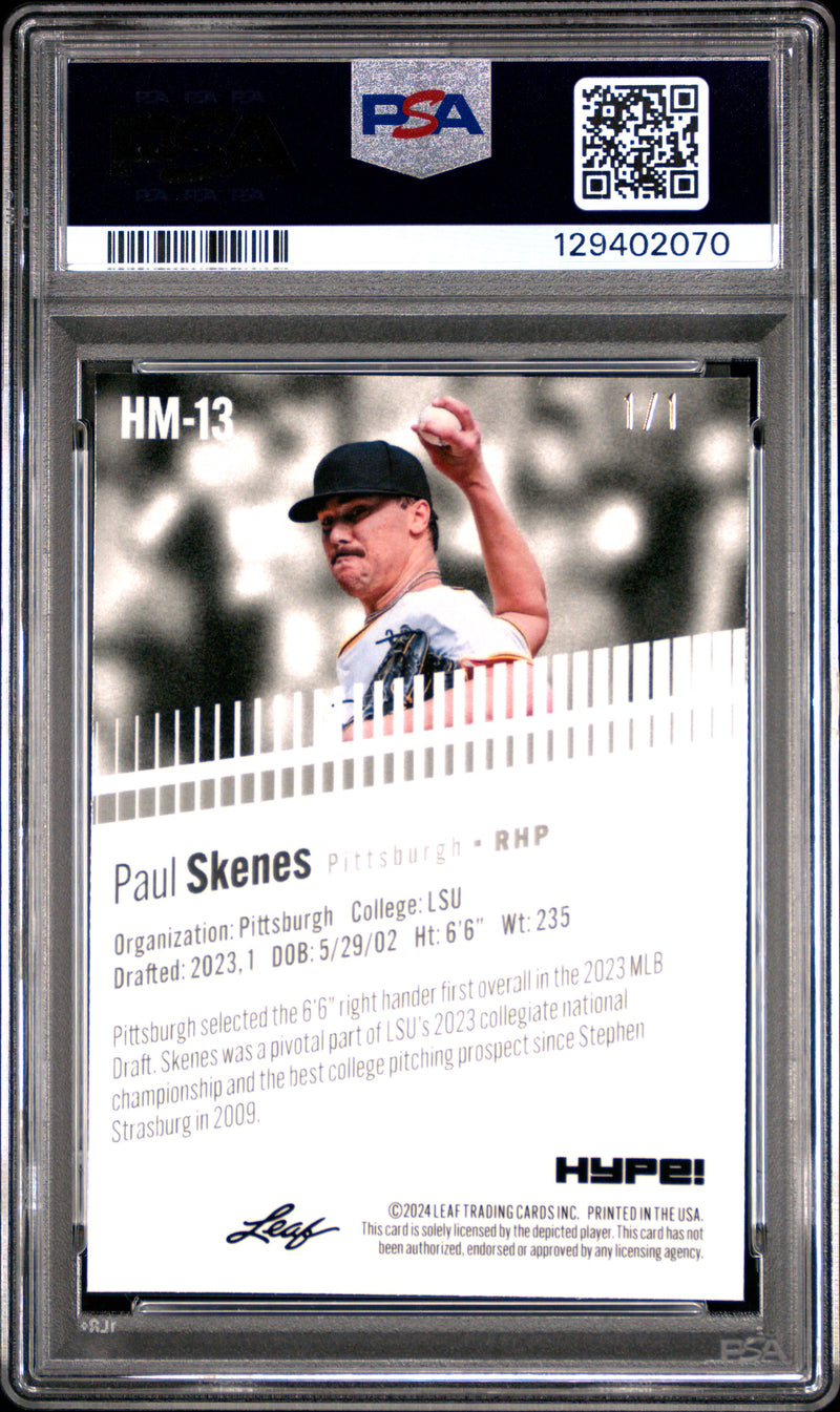 PSA 8 Paul Skenes 2024 Leaf HYPE! Metal #HM-13 Black Superprismatic 1/1 Rookie Card Pittsburgh Pirates