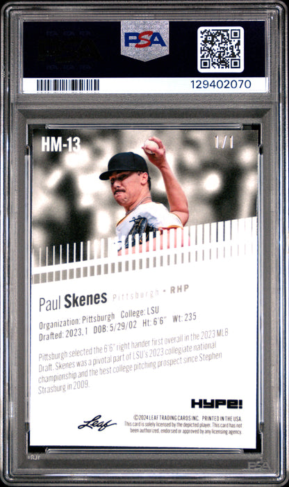 PSA 8 Paul Skenes 2024 Leaf HYPE! Metal #HM-13 Black Superprismatic 1/1 Rookie Card