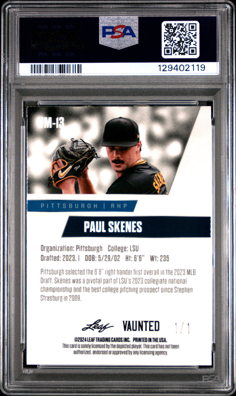 PSA 9 Paul Skenes 2024 Leaf Vaunted Metal #VM-13 Platinum 1/1 Rookie Card Pittsburgh Pirates