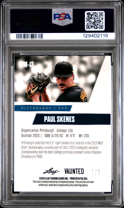 PSA 9 Paul Skenes 2024 Leaf Vaunted Metal #VM-13 Platinum 1/1 Rookie Card
