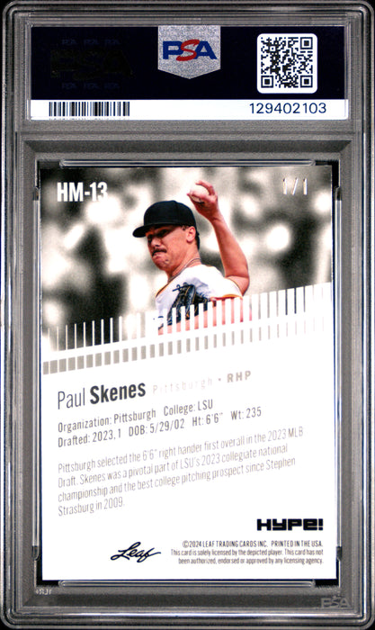 PSA 9 Paul Skenes 2024 Leaf HYPE! Metal #HM-13 Burst 1/1 Rookie Card
