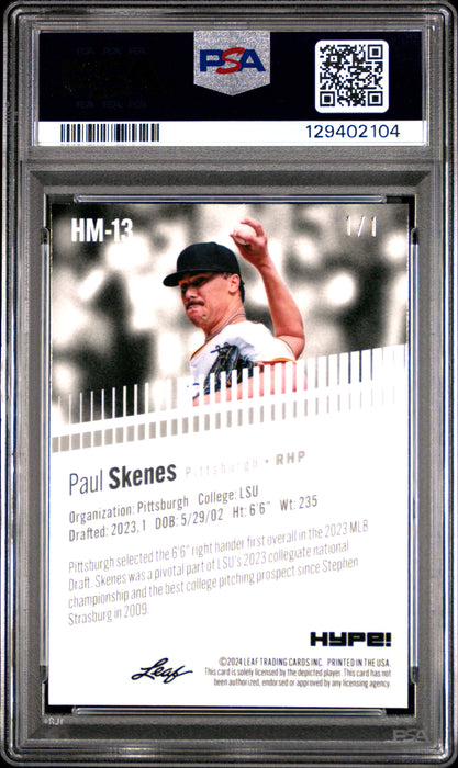 PSA 10 Paul Skenes 2024 Leaf HYPE! Metal #HM-13 Neon 1/1 Rookie Card