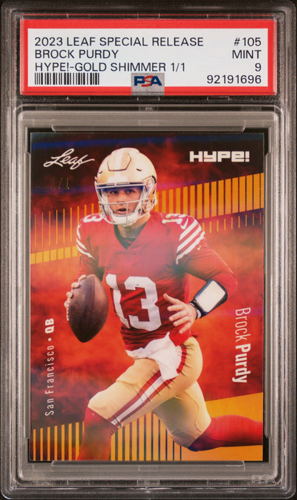 PSA 9 Brock Purdy 2023 Leaf Hype! #105 Gold Shimmer 1/1 Rare Trading Card