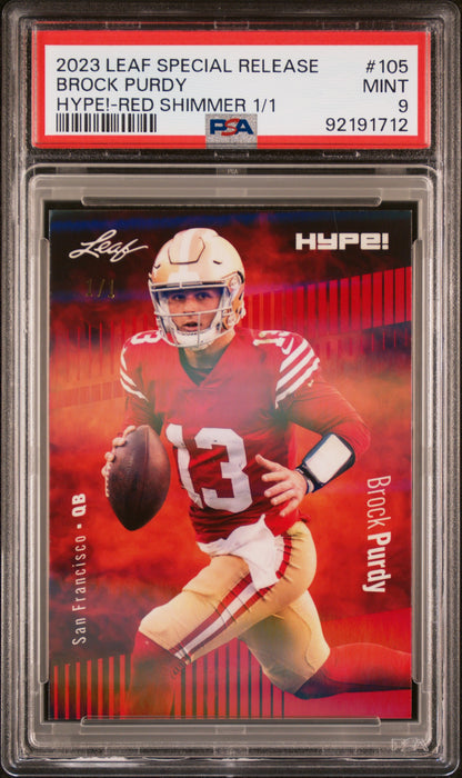 PSA 9 Brock Purdy 2023 Leaf Hype! #105 Red Shimmer 1/1 Rare Trading Card