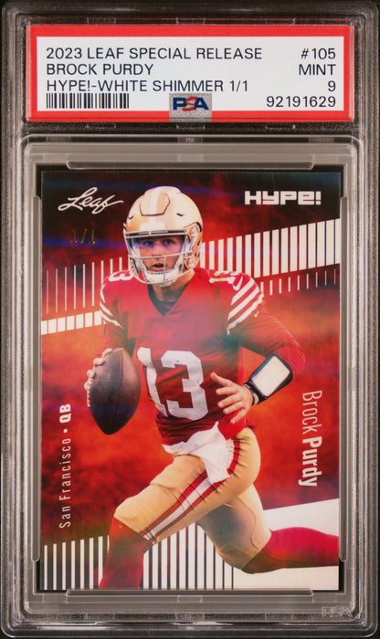 PSA 9 Brock Purdy 2023 Leaf Hype! #105 White Shimmer 1/1 Rare Trading Card