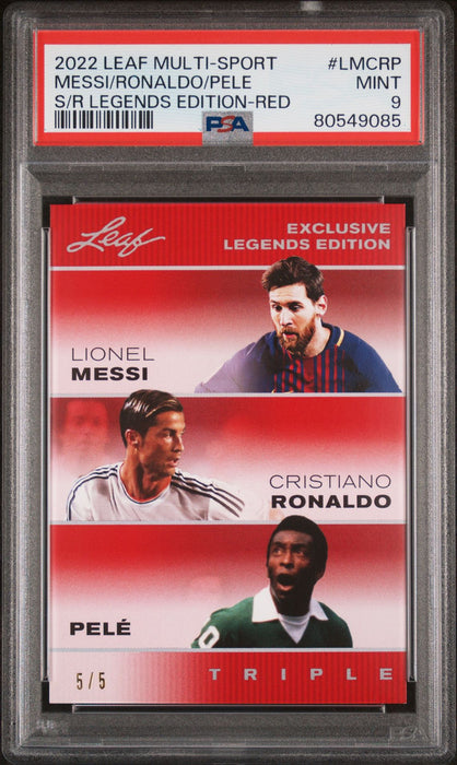 PSA 9 Pele Lionel Messi Cristiano Ronaldo 2022 Leaf #LMCRP The Triple Red #5/5 Rare Trading Card