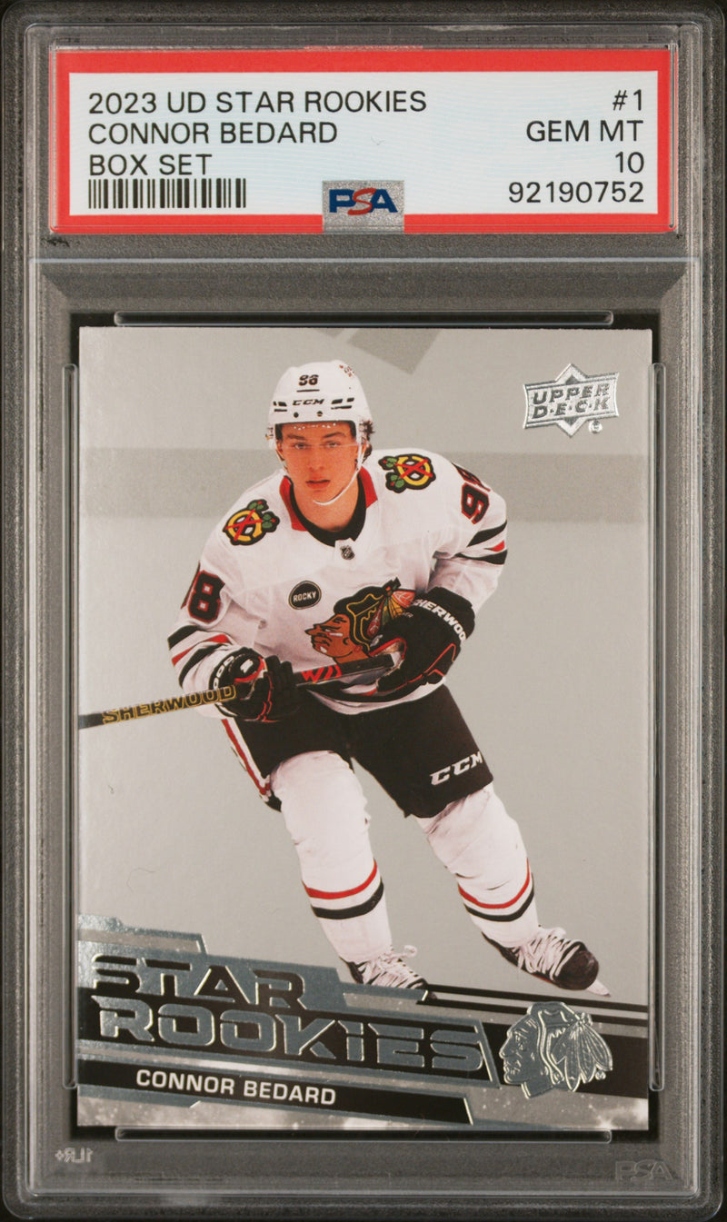 PSA 10 Connor Bedard 2023 Upper Deck #1 Star Rookies Rookie Card Chicago Blackhawks