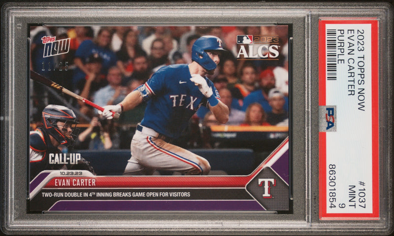 PSA 9 Evan Carter 2023 Topps Now #1037 Purple SP #11/25 Rookie Card Texas Rangers