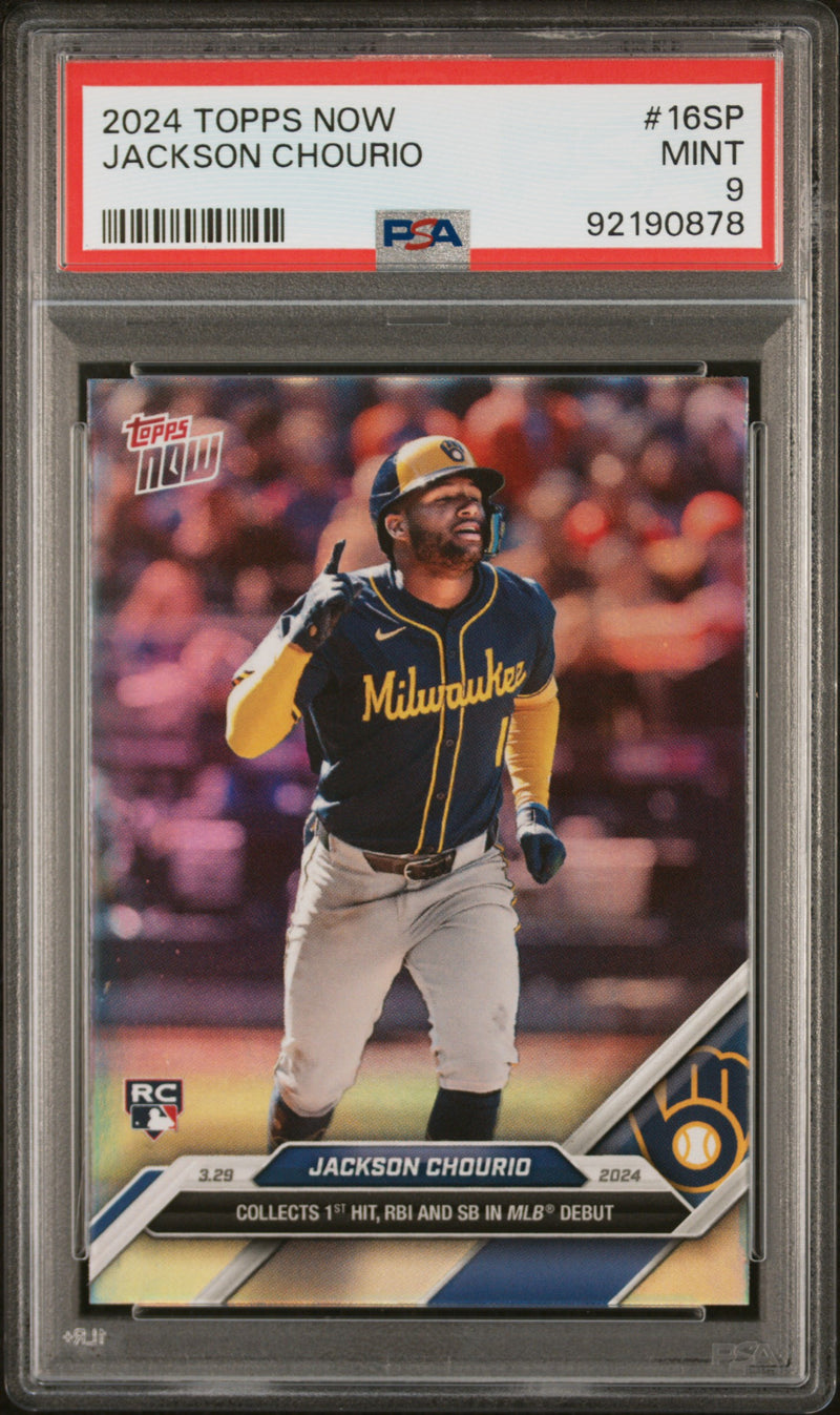 PSA 9 Jackson Chourio 2024 Topps Now #16SP Rainbow Foil SP Rookie Card Milwaukee Brewers