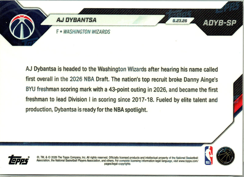 AJ Dybantsa Rookie Card 2026 Topps Now #ADYB-SP Image Variation, Mint Condition, Washington Wizards Basketball