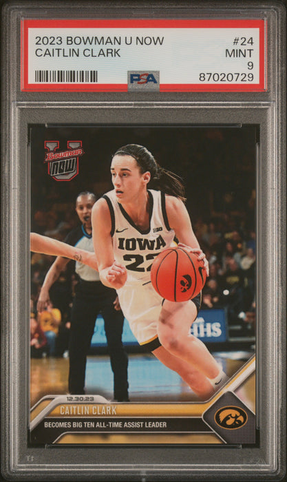 PSA 9 Caitlin Clark 2023 Bowman University Now #24 Big 10 Assist Ldr Rookie Card