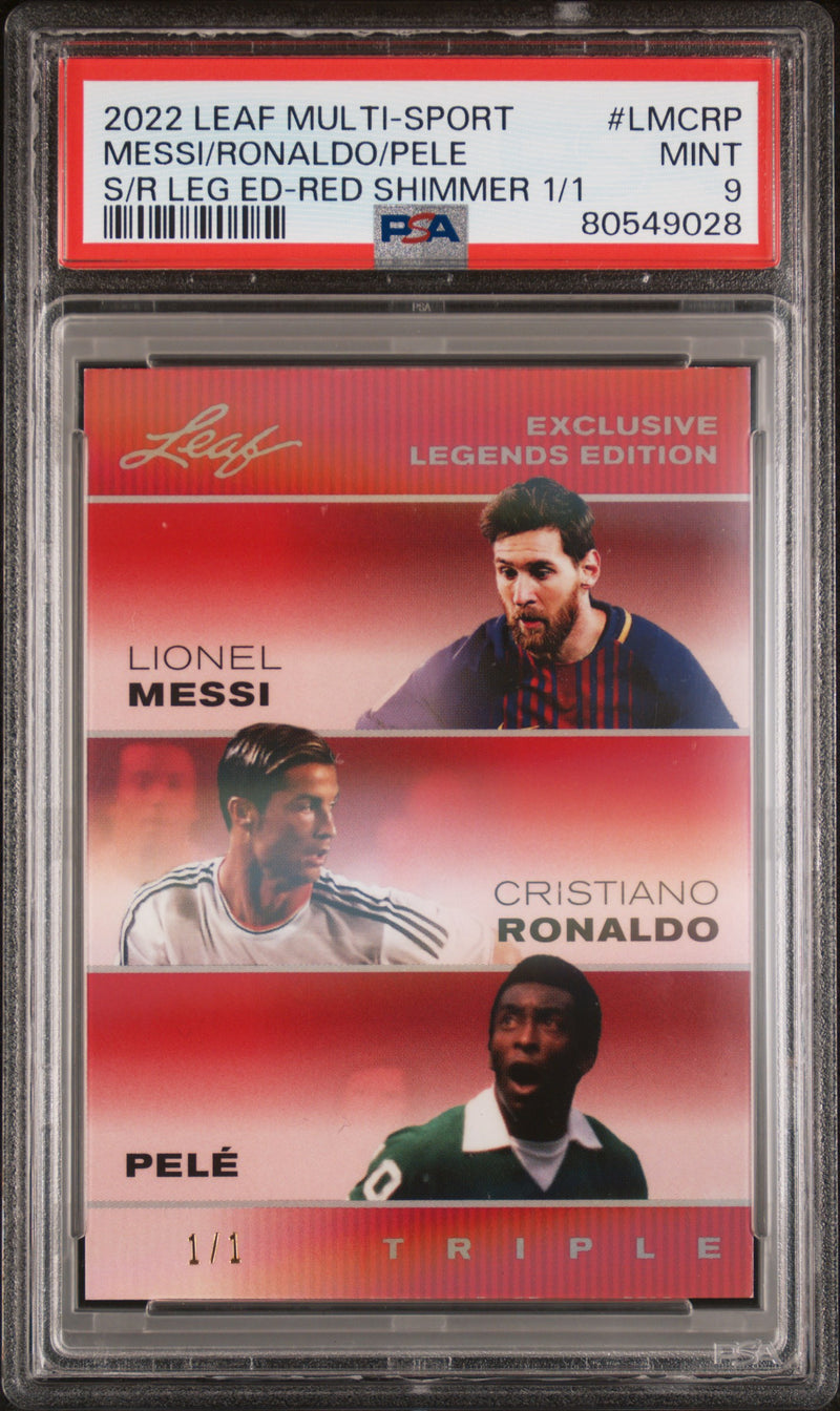 2022 Leaf PSA 9 #LMCRP The Triple Pele Lionel Messi Cristiano Ronaldo Red Shimmer 1/1 Rare Trading Card FC Barcelona