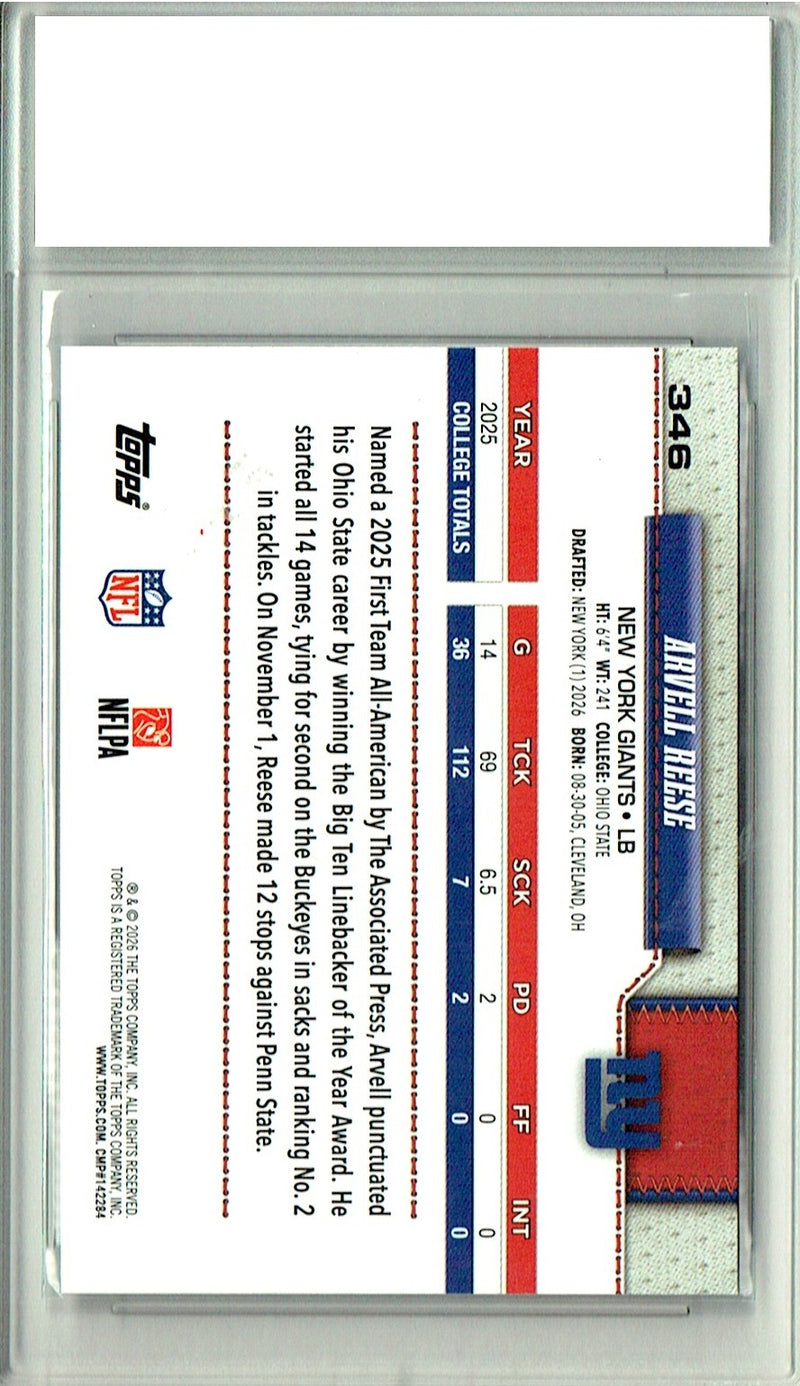 Arvell Reese Rookie Card 2026 Topps #346 Flagship, PGI 10, New York Giants Football