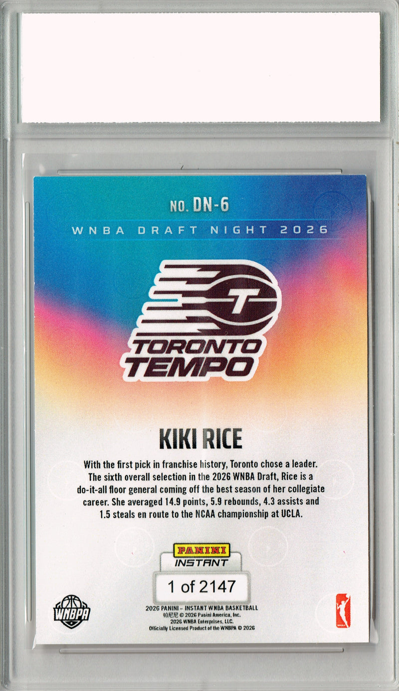 Kiki Rice Rookie Card 2026 Toronto Tempo WNBA Draft Night #DN-6 1 of 2147 Certified Mint+ Trading Card