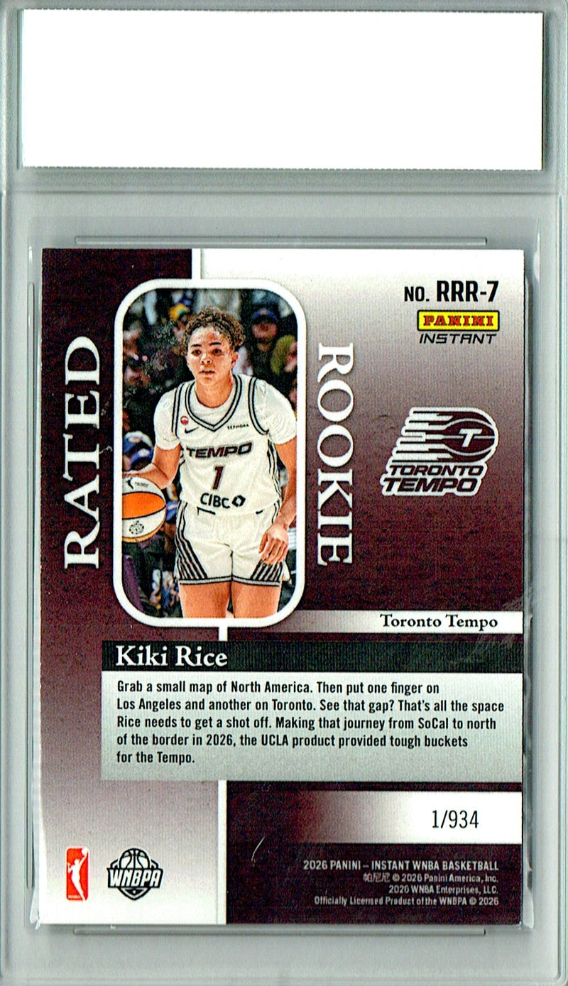 Kiki Rice Rookie Card 2026 Panini Instant #RRR-7 Rated Rookie, Certified Mint+ Condition, Toronto Tempo Basketball