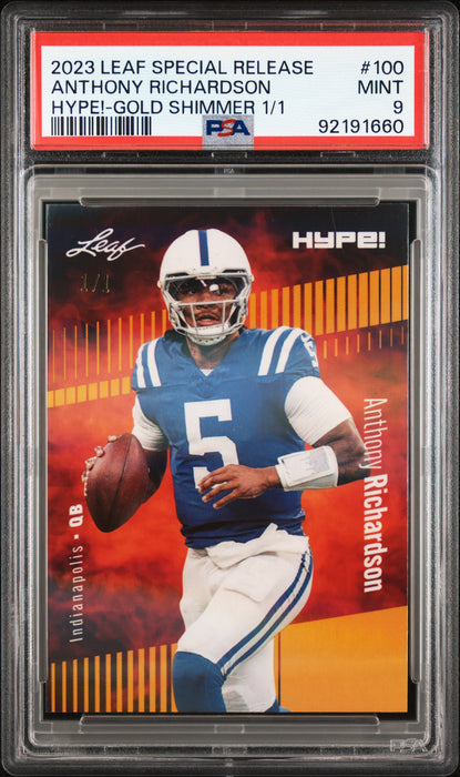 PSA 9 Anthony Richardson 2023 Leaf Hype! #100 Gold Shimmer 1/1 Rookie Card