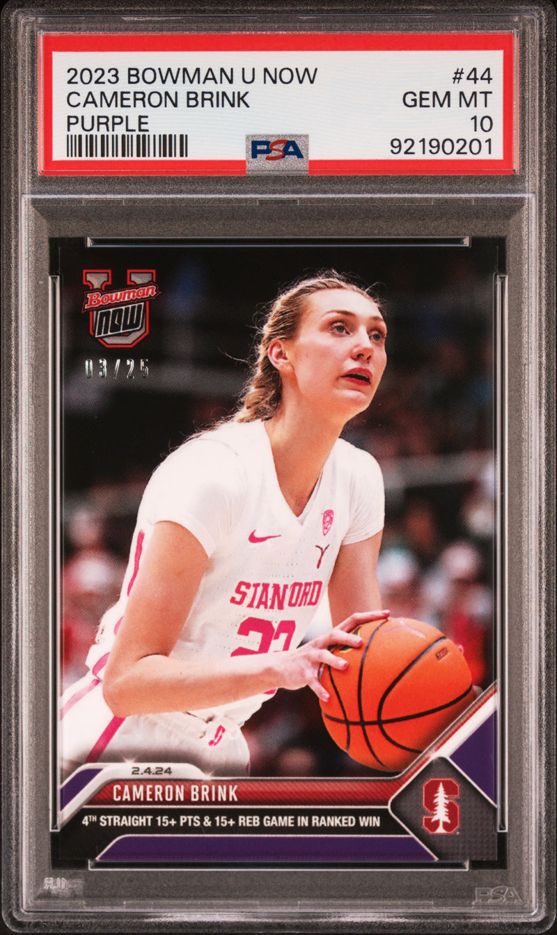 PSA 10 Cameron Brink 2023 Bowman University Now #44 Purple #3/25 Rookie Card Stanford Cardinal