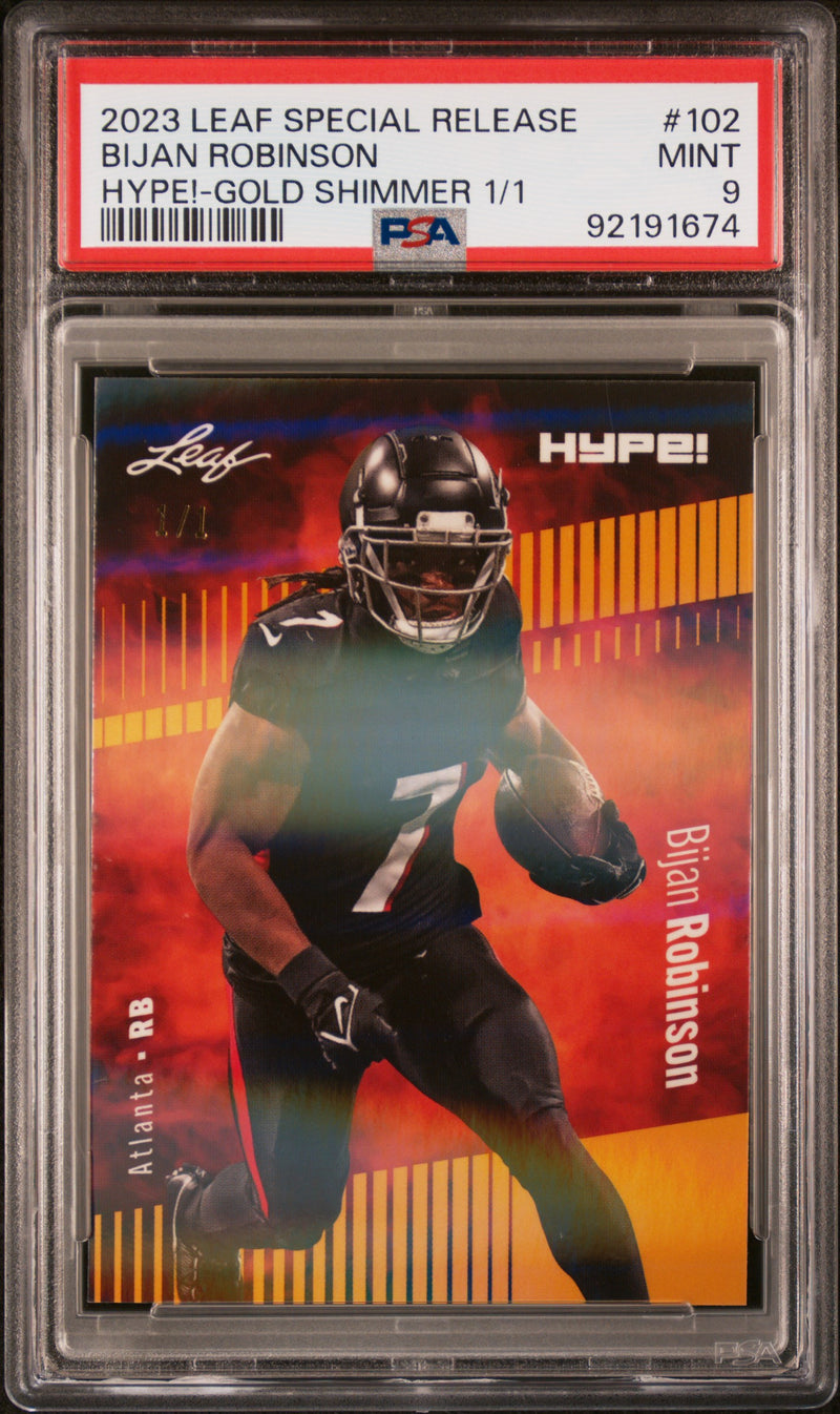 PSA 9 Bijan Robinson 2023 Leaf HYPE #102 Gold Shimmer 1/1 Rookie Card Atlanta Falcons