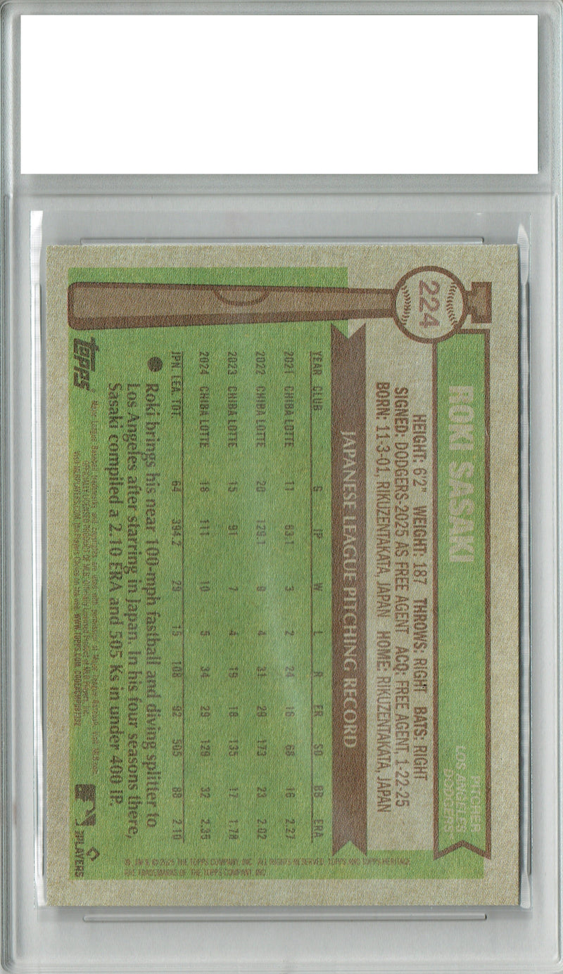 Roki Sasaki 2025 Topps Heritage #224 Throwback Rookie Card PGI 10