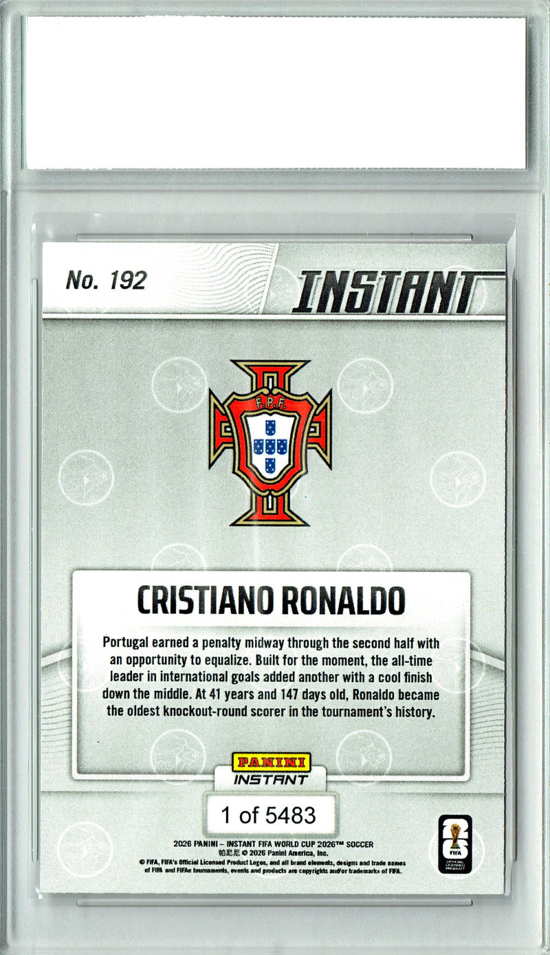 Cristiano Ronaldo Trading Card 2026 Panini Instant #192 Record Goal, PGI 10, Portugal Soccer