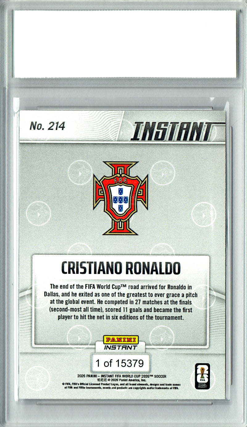 Cristiano Ronaldo Trading Card 2026 Panini Instant #214 Farewell to World Cup, Certified Mint+ Condition, Portugal Soccer