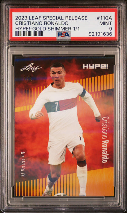 PSA 9 Cristiano Ronaldo 2023 Leaf Hype! #110A Gold Shimmer 1/1 Rare Trading Card