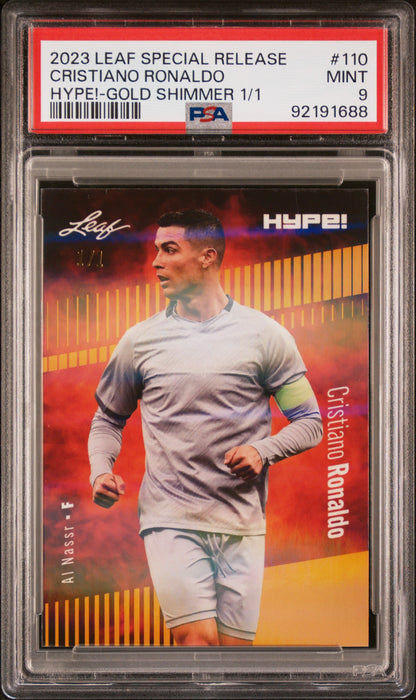 PSA 9 Cristiano Ronaldo 2023 Leaf Hype! #110 Gold Shimmer 1/1 Rare Trading Card