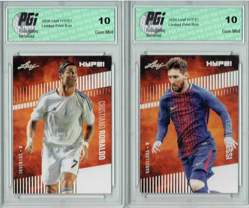 Two Card Short Print Cristiano Ronaldo 2020 Leaf HYPE #47 & Lionel Messi #46 - Both Cards PGI 10