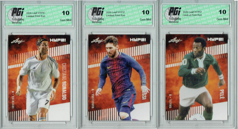3) Pele Lionel Messi Cristiano Ronaldo 2020 Leaf HYPE Card GOAT Lot All PGI 10