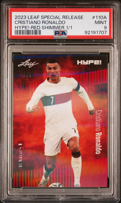 PSA 9 Cristiano Ronaldo 2023 Leaf Hype! #110A Red Shimmer 1/1 Rare Trading Card