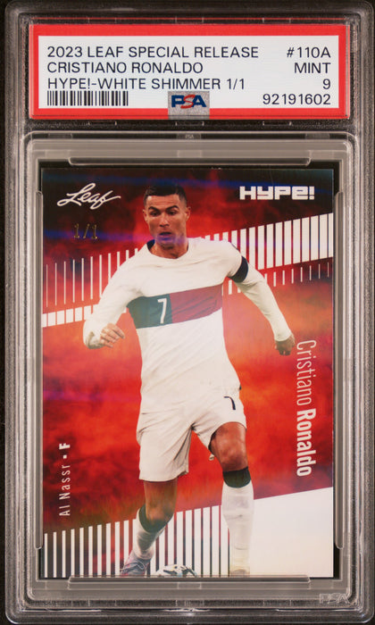 PSA 9 Cristiano Ronaldo 2023 Leaf Hype! #110A White Shimmer 1/1 Rare Trading Card