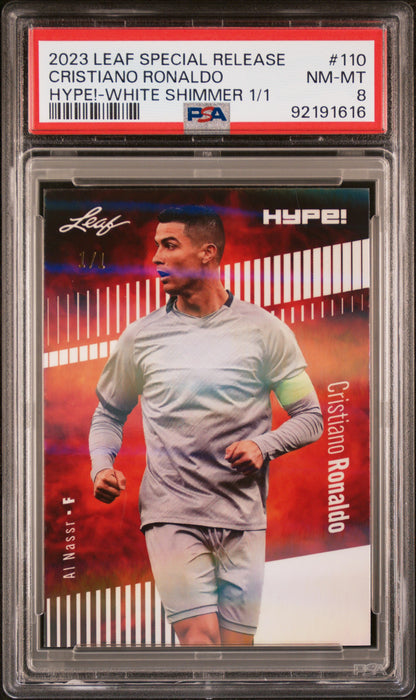 PSA 8 Cristiano Ronaldo 2023 Leaf Hype! #110 White Shimmer 1/1 Rare Trading Card