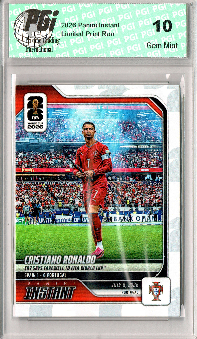 Cristiano Ronaldo Trading Card 2026 Panini Instant #214 Farewell to World Cup, PGI 10, Portugal Soccer