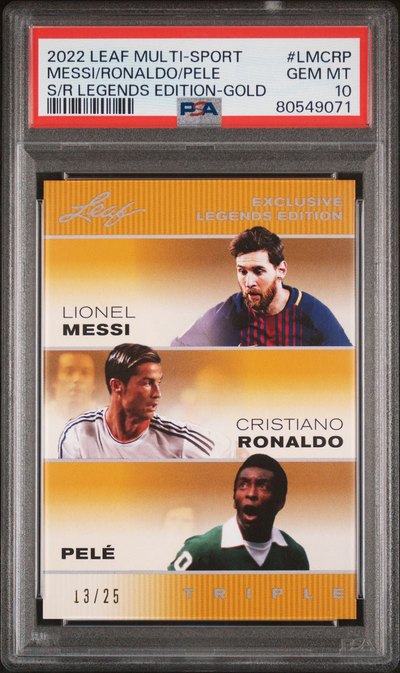 2022 Leaf PSA 10 Pele Lionel Messi Cristiano Ronaldo #LMCRP The Triple Gold #13/25 Rare Trading Card FC Barcelona
