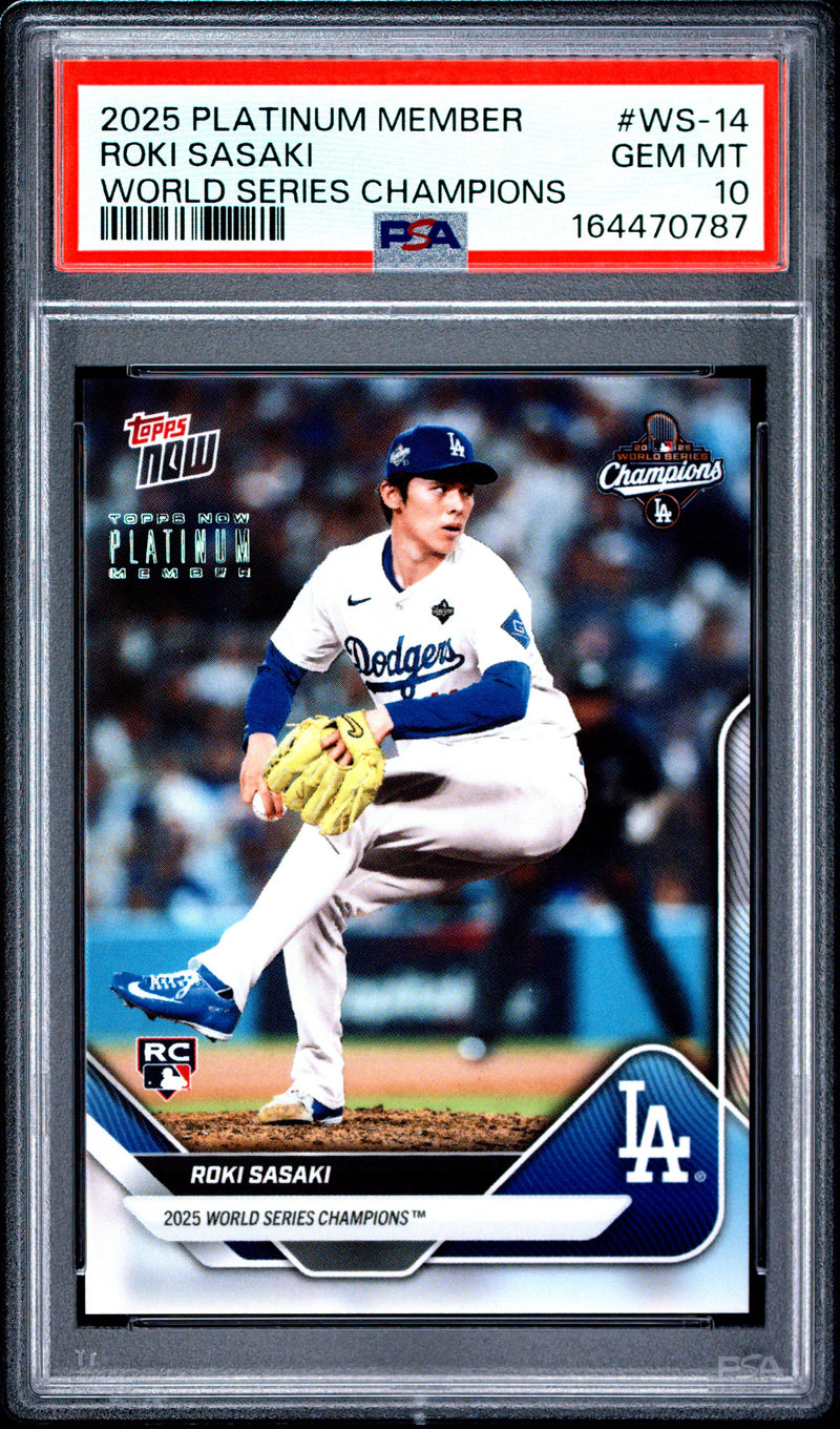 Roki Sasaki Rookie Card 2025 Topps Now #WS-14 Platinum Member, PSA 10, Los Angeles Dodgers Baseball