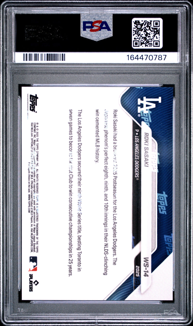 Roki Sasaki Rookie Card 2025 Topps Now #WS-14 Platinum Member, PSA 10, Los Angeles Dodgers Baseball
