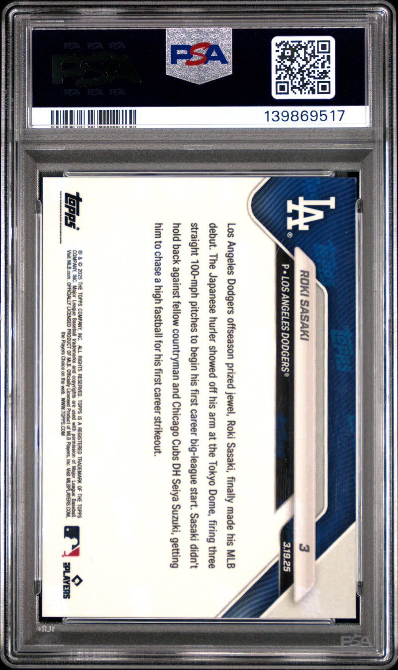 PSA 10 Roki Sasaki 2025 Topps Now #3 Orange Foil #10/25 Rookie Card Los Angeles Dodgers