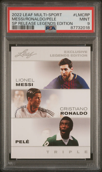 PSA 9 Lionel Messi/Pele/Ronaldo 2022 Leaf Special Release #LMCRP The Triple Rookie Card