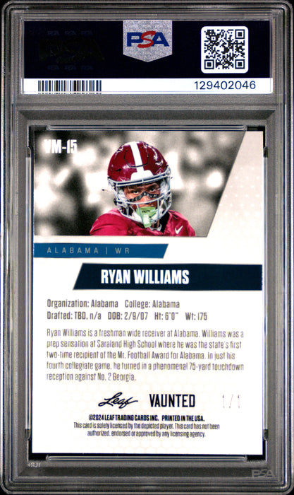 PSA 10 Ryan Williams 2024 Leaf Vaunted Metal #VM-15 Gold Superprismatic 1/1 Rookie Card
