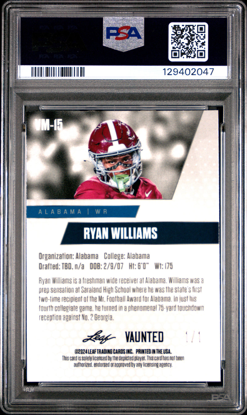 PSA 10 Ryan Williams 2024 Leaf Vaunted Metal #VM-15 Gold Superprismatic 1/1 Rookie Card Alabama